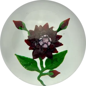 Vintage Harold Hacker Lampwork Stemed Garnet Colored Blossom with Three Buds on Clear