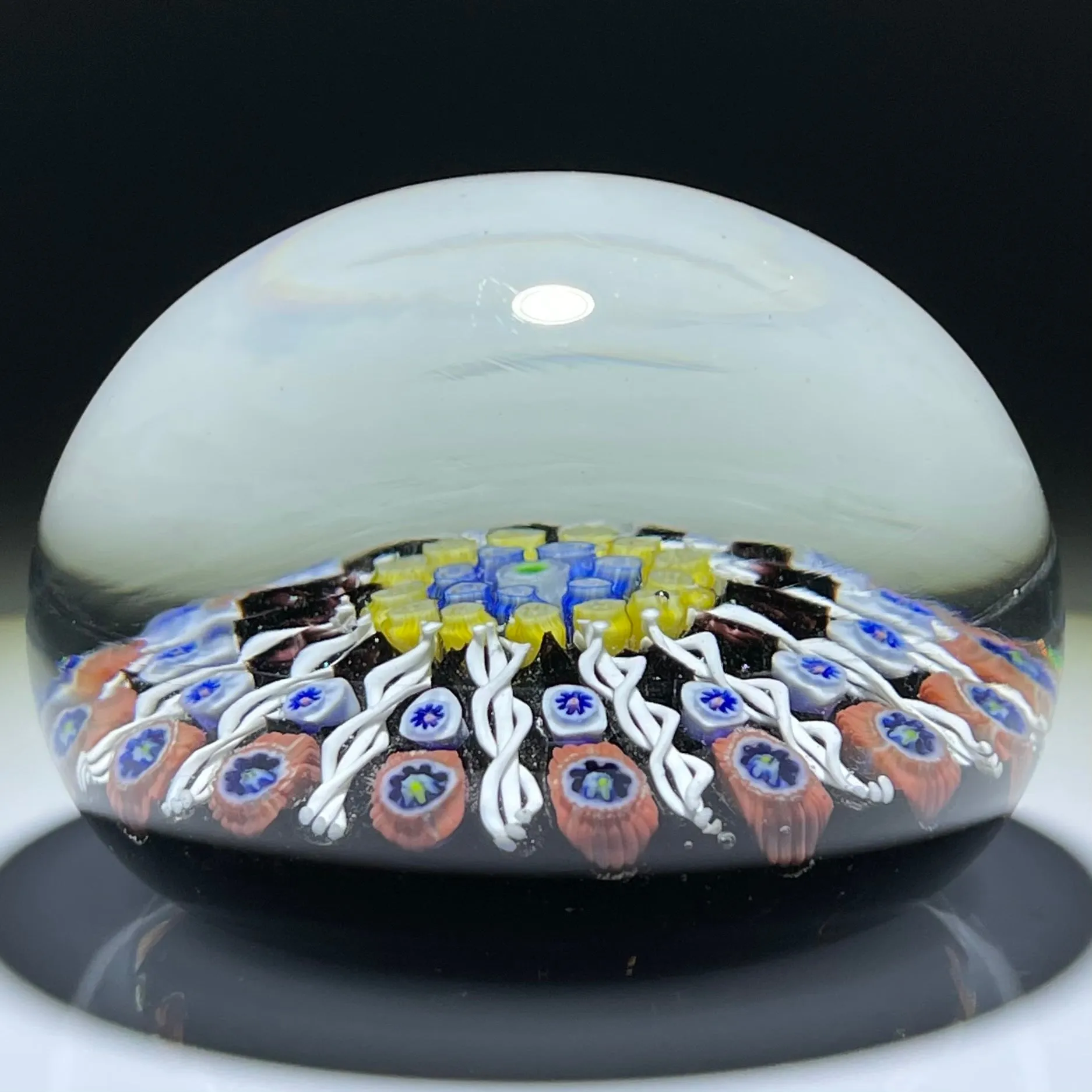 Vintage Strathearn Glass Art Paperweight Paneled Millefiori with Filligree on Black Ground