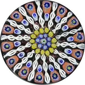 Vintage Strathearn Glass Art Paperweight Paneled Millefiori with Filligree on Black Ground