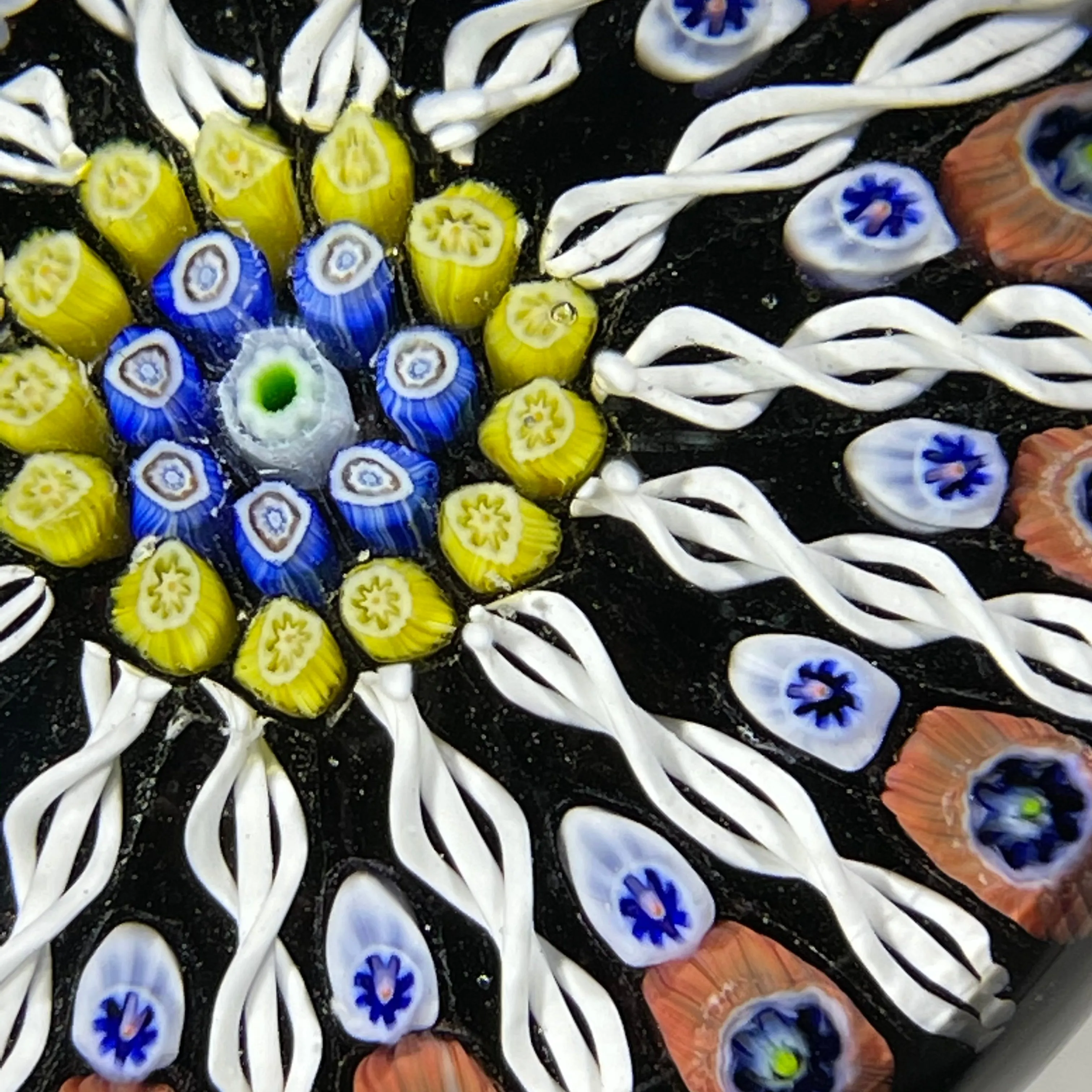 Vintage Strathearn Glass Art Paperweight Paneled Millefiori with Filligree on Black Ground