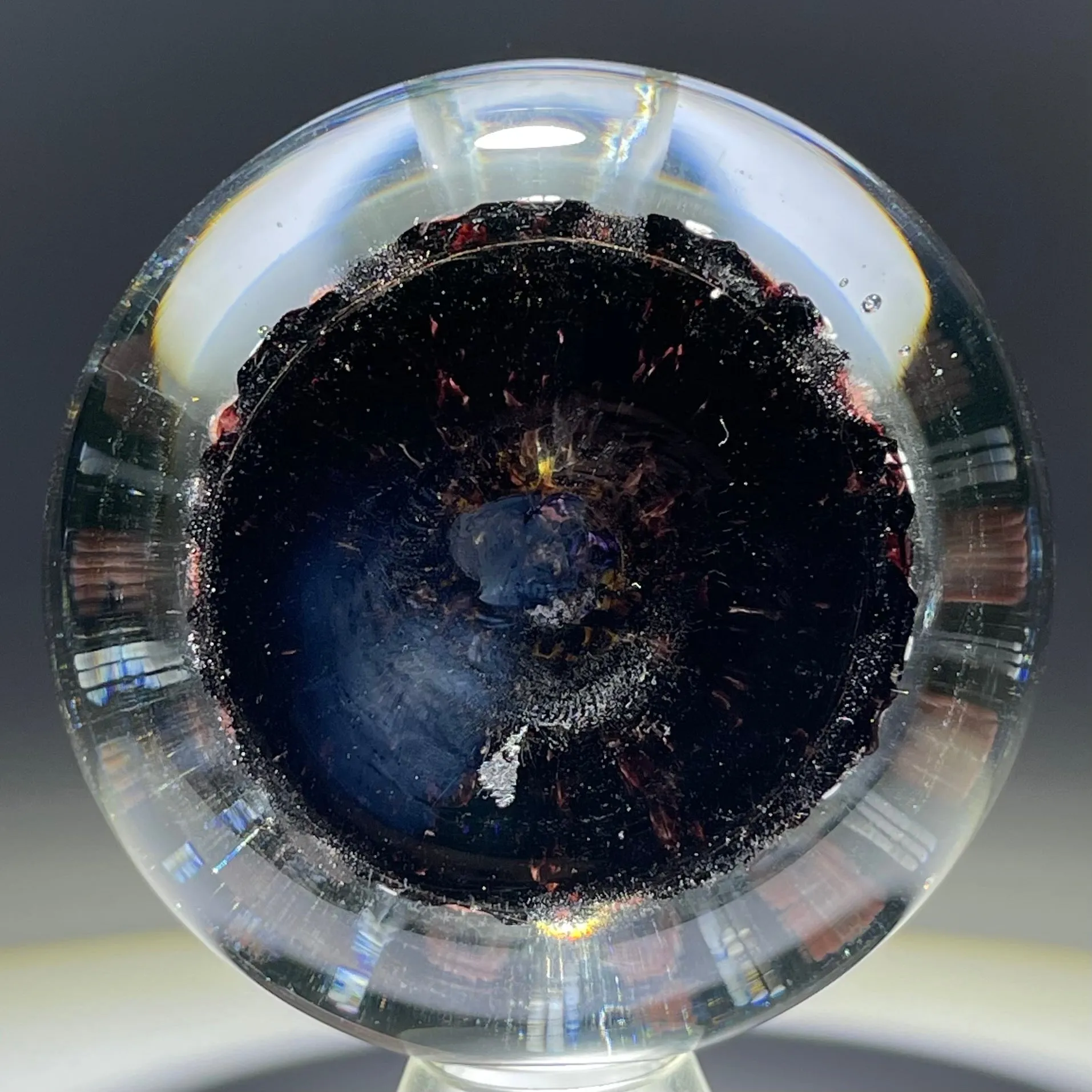 Vintage Strathearn Glass Art Paperweight Paneled Millefiori with Filligree on Black Ground
