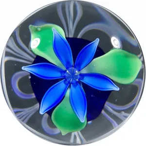 Vintage Strathearn Glass Paperweight Lampwork Upright Blue Flower w/ Pulled Feather Decoration