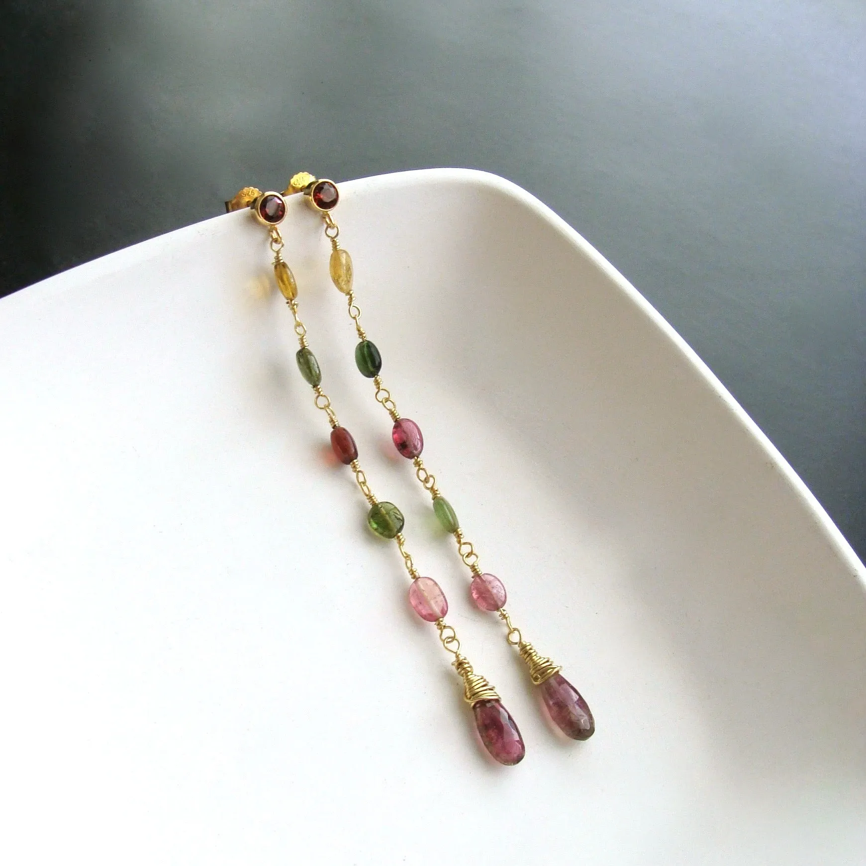 Watermelon Tourmaline Garnet Duster Earrings - Candice Earrings