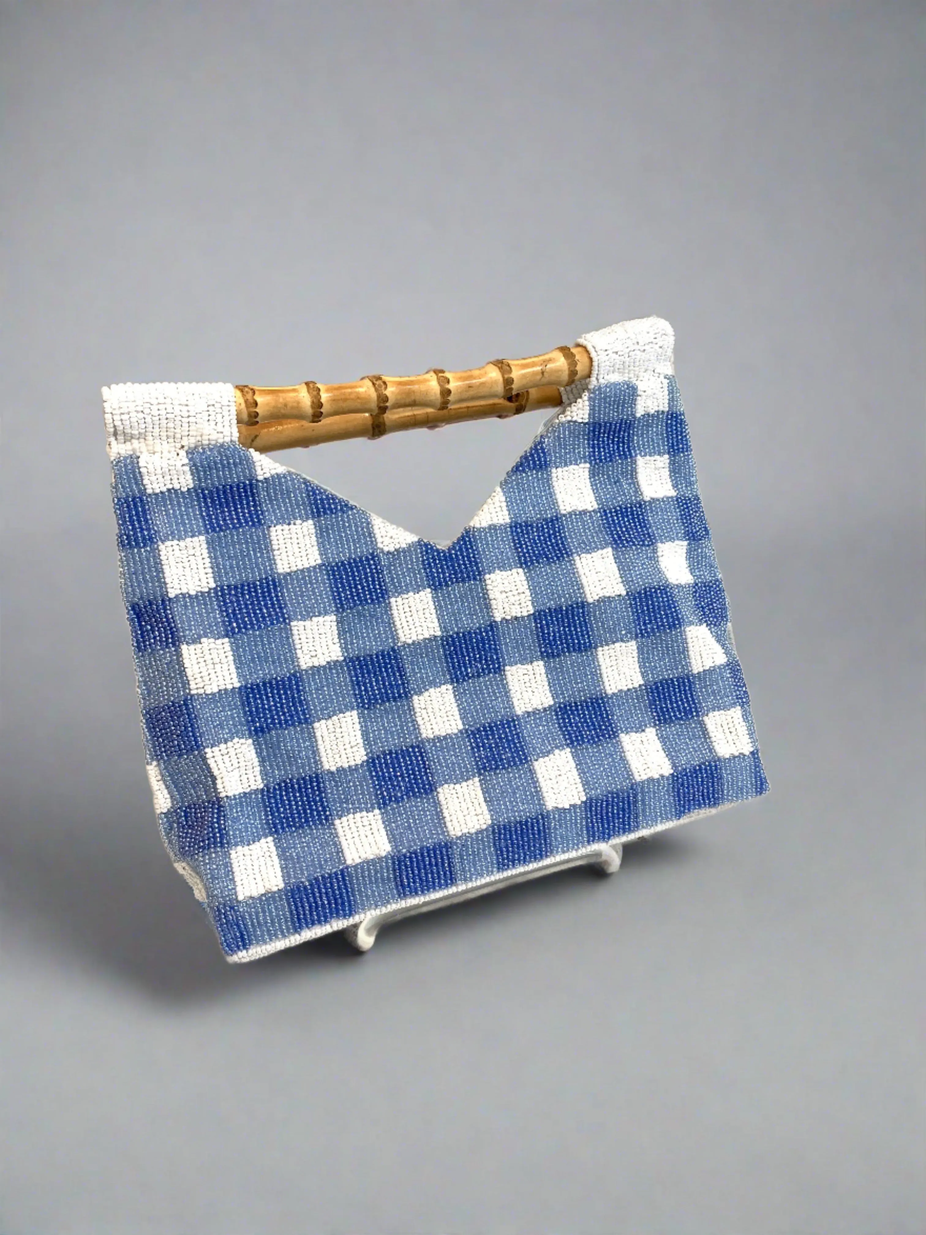 White and Periwinkle Beaded Bag with Bamboo Handle
