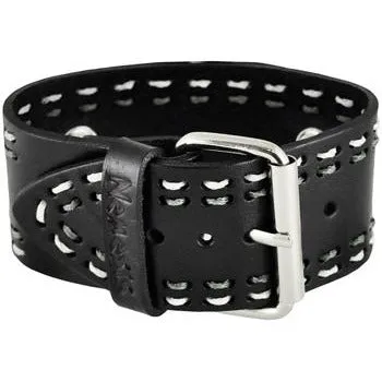 White/Grey Double Stitched Black Leather Cuff