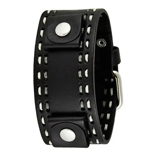 White/Grey Double Stitched Black Leather Cuff