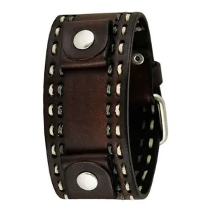 White/Grey Stitched Dark Brown Leather Cuff