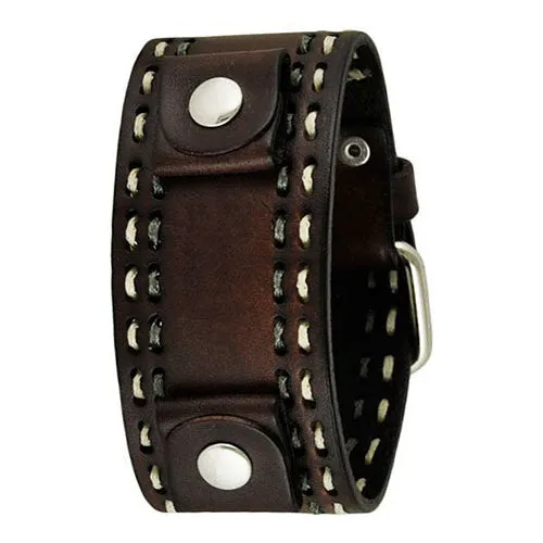 White/Grey Stitched Dark Brown Leather Cuff
