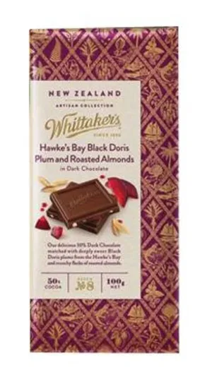 Whittakers Hawkes Bay Black Doris Plum and Roasted Almonds Dark Chocolate