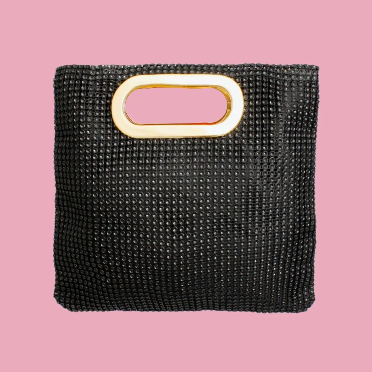 Women's Black Rhinestone Mesh Clutch Handbag | Gold Handle and Square Design