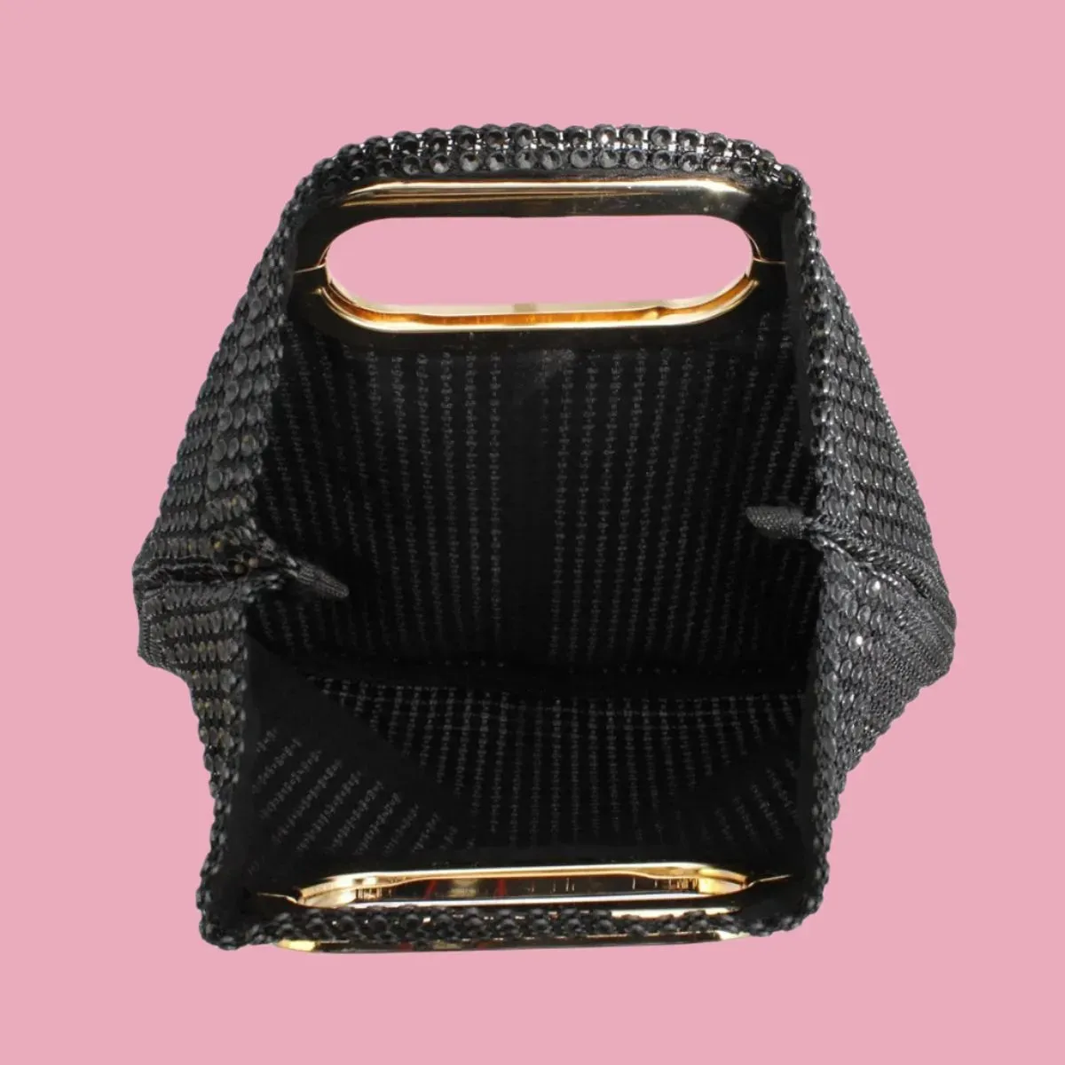 Women's Black Rhinestone Mesh Clutch Handbag | Gold Handle and Square Design