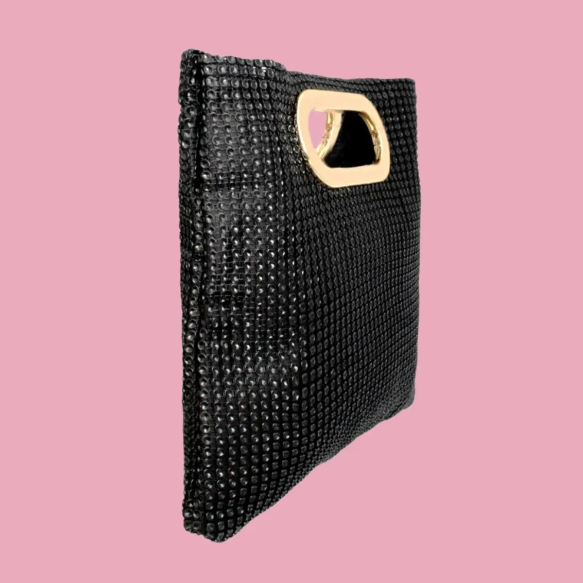 Women's Black Rhinestone Mesh Clutch Handbag | Gold Handle and Square Design