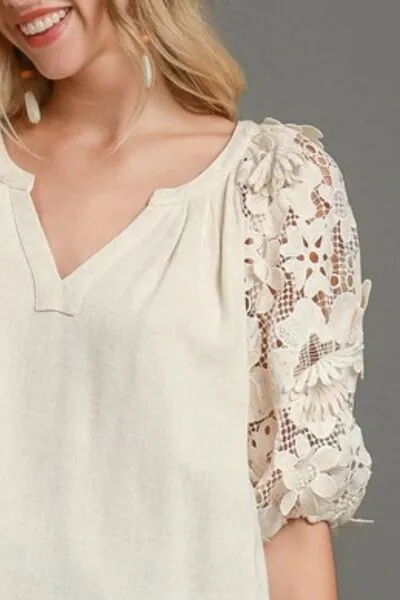 Won't Deny It Linen Boxy Cut Top with 3D Floral Sleeve in Oatmeal - Misses and Curvy
