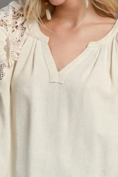 Won't Deny It Linen Boxy Cut Top with 3D Floral Sleeve in Oatmeal - Misses and Curvy