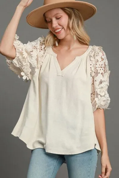 Won't Deny It Linen Boxy Cut Top with 3D Floral Sleeve in Oatmeal - Misses and Curvy