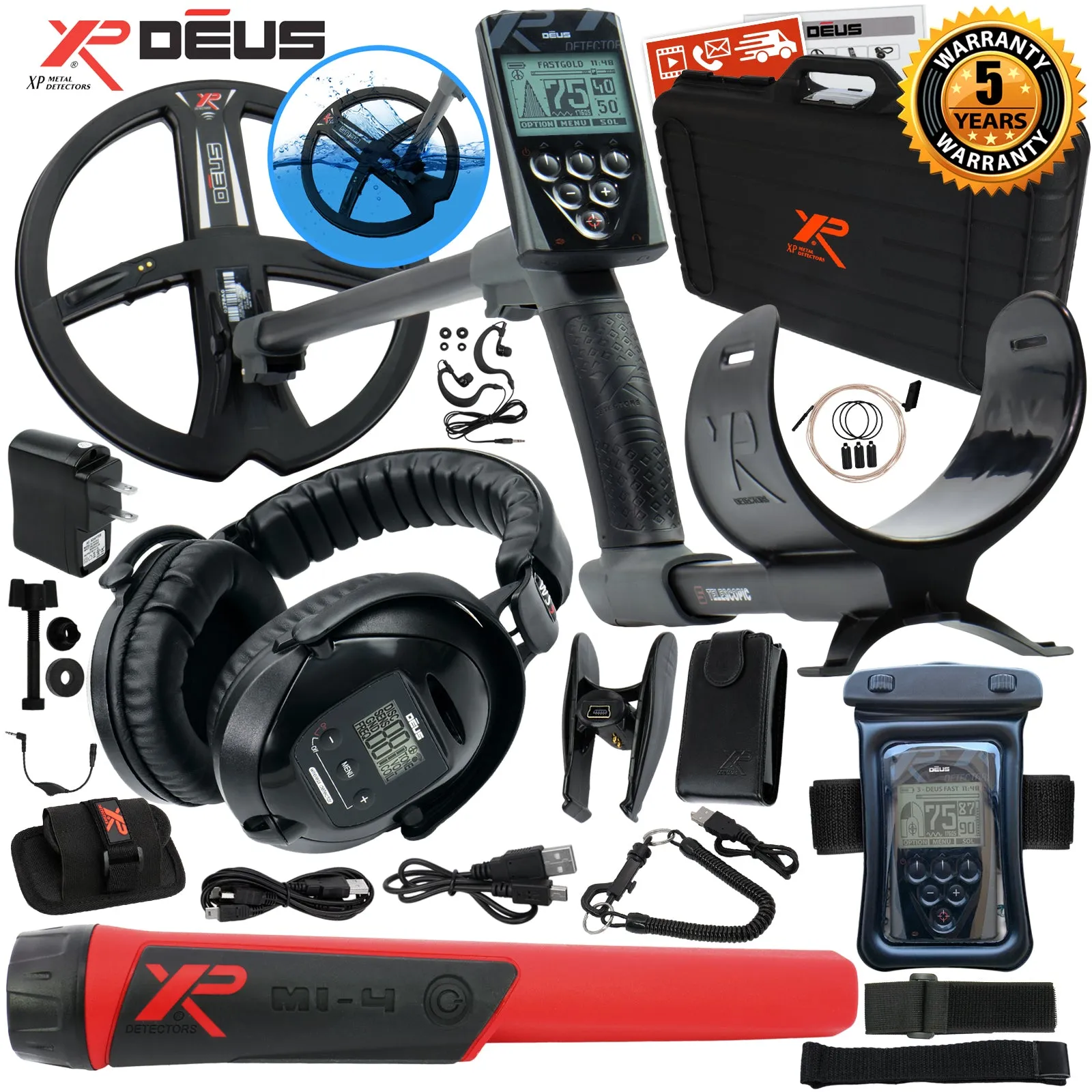XP Deus Metal Detector w/ MI-4 Pinpointer, Headphone, Remote, X35 Coil & more