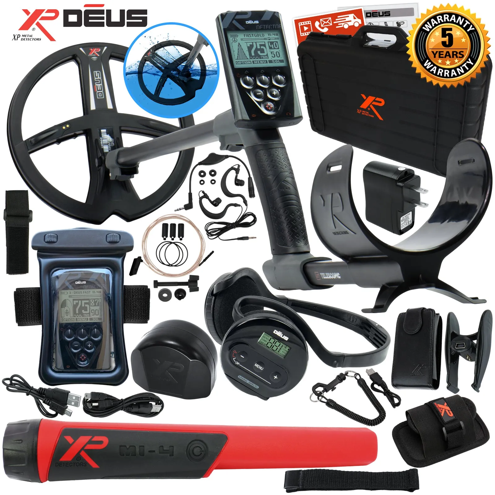 XP Deus Metal Detector w/ MI-4 Pinpointer, Headphones, Remote, X35 Coil & more