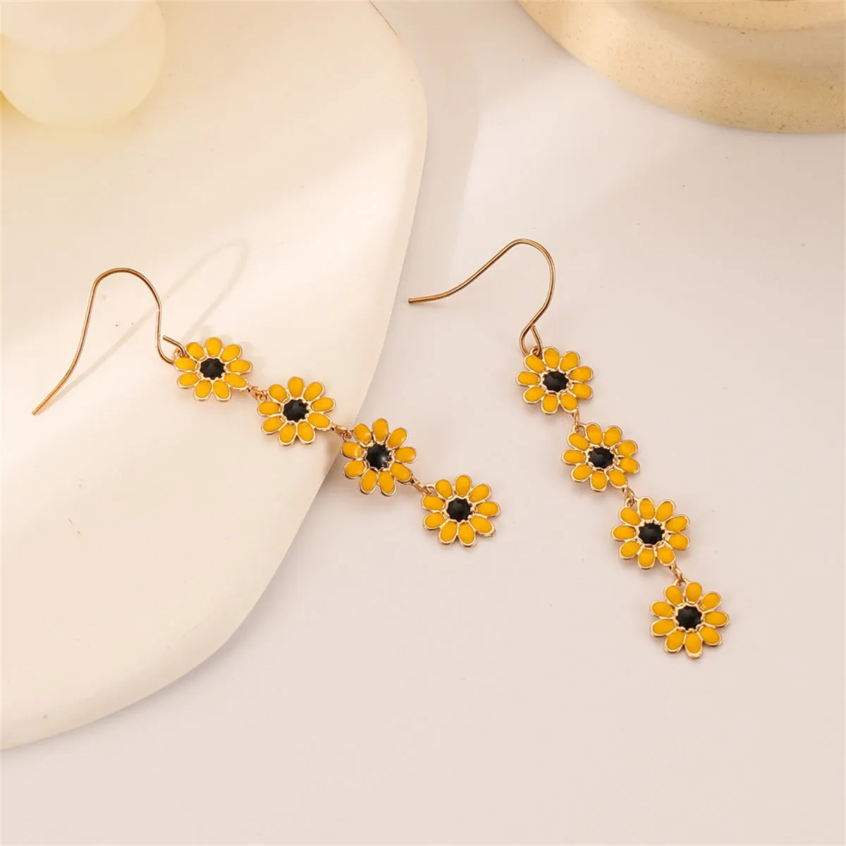 Yellow Enamel & 18K Gold-Plated Linked Mums Drop Earring