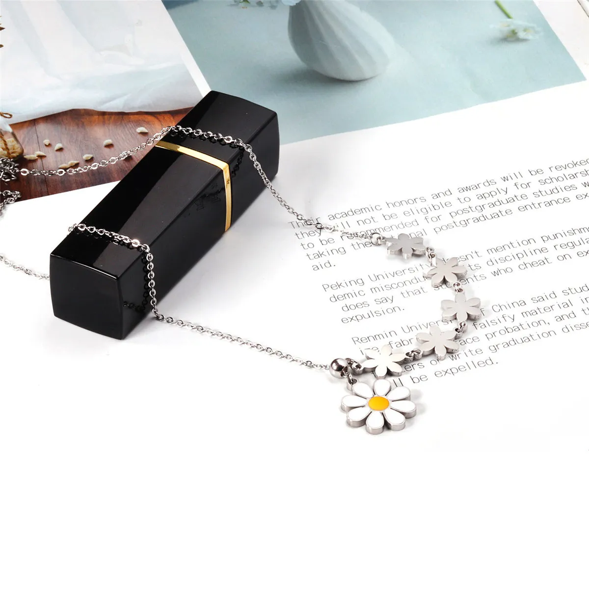 Yellow Enamel & Silver-Plated Linked Flower Pendant Necklace