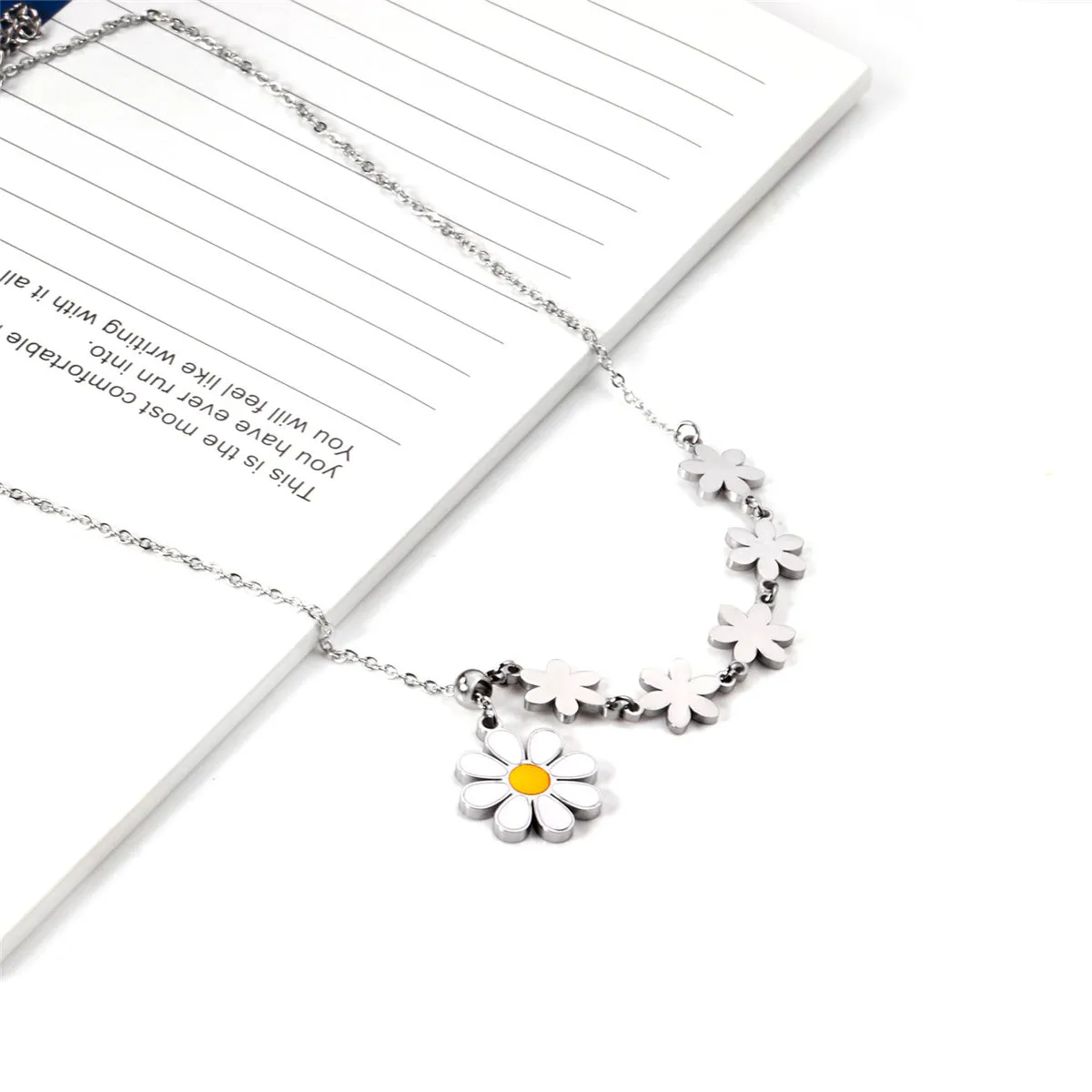 Yellow Enamel & Silver-Plated Linked Flower Pendant Necklace