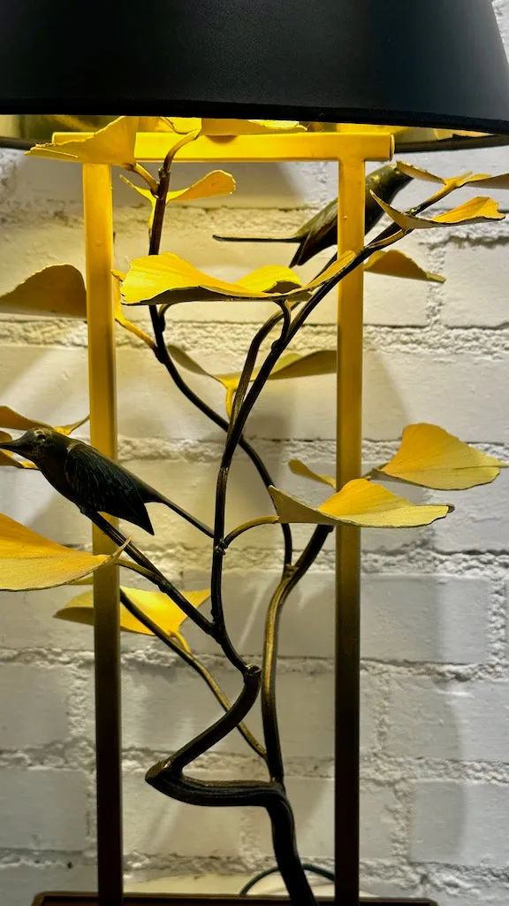 YELLOW GINGKO LAMP WITH WRENS with Black Shade