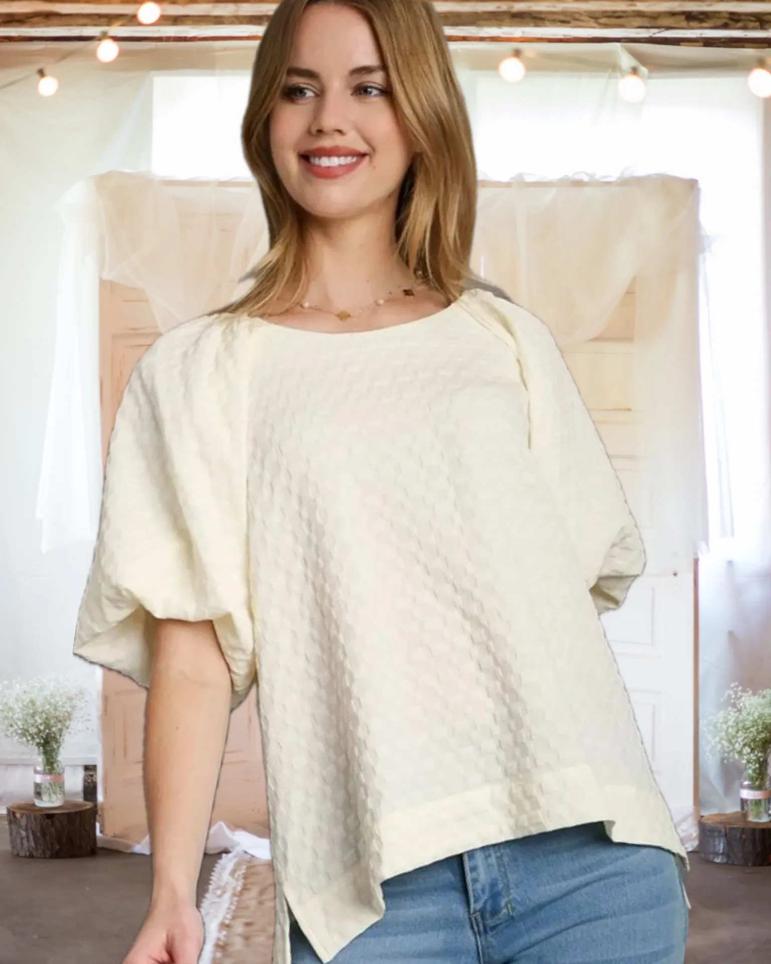 You and Me Together Boxy Cut Jacquard Top in Cream - Misses and Curvy